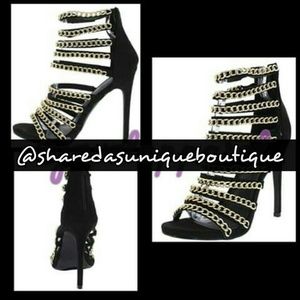 SEXY BLACK OPEN TOE MULTI CHAIN STRAPPY HEELS